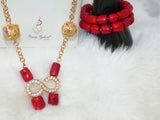 Elongated New Design Red Authentic Traditional Coral Beads with Gold Plated Necklace Jewellery Set