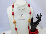 Elongated New Design Red Authentic Traditional Coral Beads with Gold Plated Necklace Jewellery Set