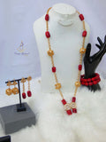 Elongated New Design Red Authentic Traditional Coral Beads with Gold Plated Necklace Jewellery Set