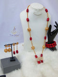 Elongated New Design Red Authentic Traditional Coral Beads with Gold Plated Necklace Jewellery Set