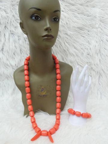 Orange White Igbo Delta Edo Elephant Tusk Red Coral Groom men African Beads Jewellery Set Coral Beads