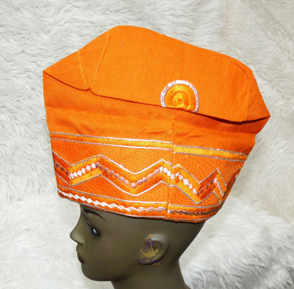 Orange Yoruba Fila Hat Royal Embroidery Designs Aso Oke Groom Fila Cap African Nigerian Hat For Men Groom For Wedding Party PrestigeApplause Jewels