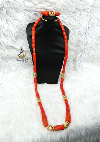 Original Coral Traditional Men Authentic Coral Beads Gold Embellished Necklace Bracelet Jewellery Set Coral Beads