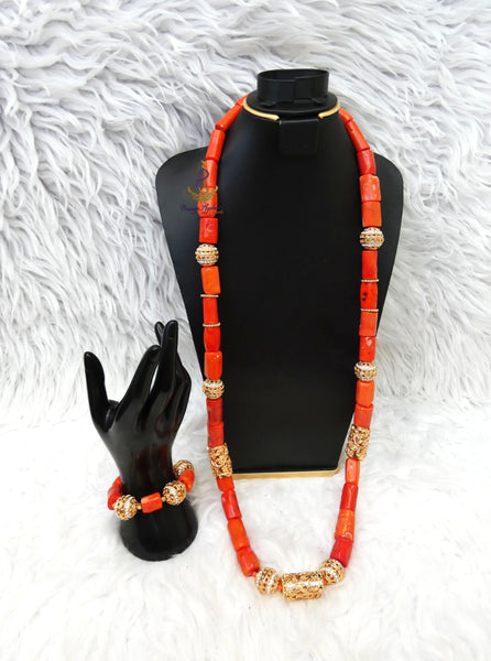 Original Traditional Men Unisex Coral Beads Gold Embellished Necklace Bracelet Jewellery Set Coral Beads