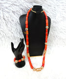 Original Traditional Men Unisex Coral Beads Gold Embellished Necklace Bracelet Jewellery Set Coral Beads