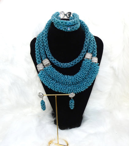 Latest Design Statement Teal Blue African Beads New Style Bridal Party Wedding Set