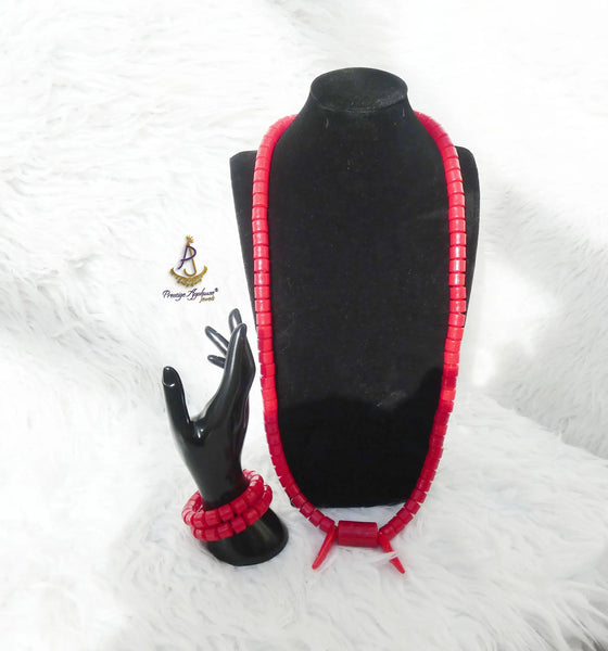 Igbo Elephant Tusk Red Coral Groom men African Necklace Bracelet Beads Jewellery Set - Male Traditional Nigerian  Necklace PrestigeApplause Jewels