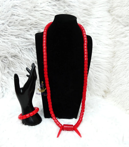 Igbo Elephant Tusk Red Coral Groom men African Necklace Bracelet Beads Jewellery Set - Male Traditional Nigerian  Necklace PrestigeApplause Jewels