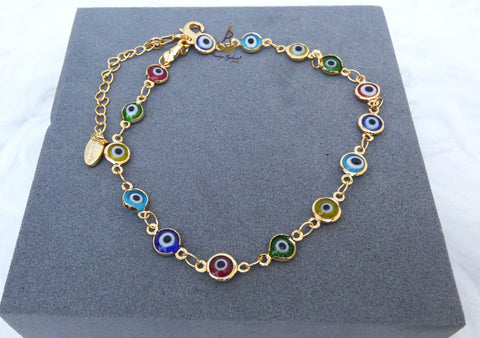 Multicolour Evil Eye Bracelet, Gold-Tone Nazar Charm | Adjustable Jewellery