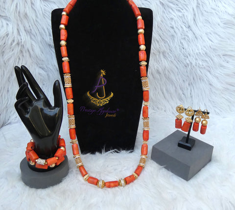PrestigeApplause Long Traditional Real Genuine Coral with 18K Gold Plated African Nigerian Wedding Party Beads Jewellery Set