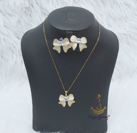 Luxury Bow Necklace & Earrings Set – Gold Crystal Ribbon Jewellery Set