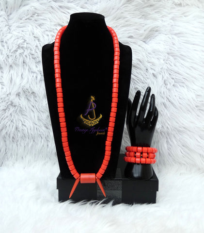 PrestigeApplause Igbo Edo Elephant-Tusk Orange Coral Groom men African Necklace Bracelet Beads Jewellery Set - Male Traditional Nigerian