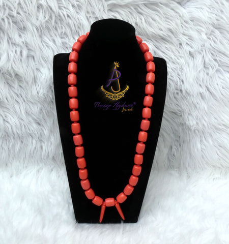 Orange White Igbo Delta Edo Elephant Tusk Red Coral Groom men African Beads Jewellery Set