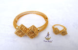 Luxury Gold Plated Filigree Cube Bracelet & Adjustable Ring Set – Elegant Statement Jewellery for Women