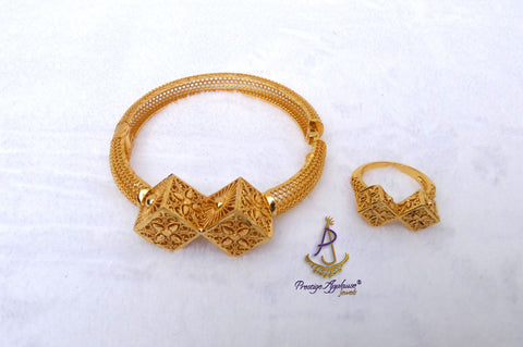 Luxury Gold Plated Filigree Cube Bracelet & Adjustable Ring Set – Elegant Statement Jewellery for Women