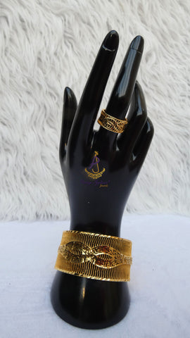 Infinity Luxe Gold Plated Cuff Bangle Bracelet & Adjustable Ring Set – Elegant Statement Jewellery for Women