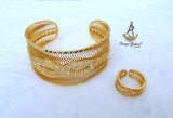Infinity Luxe Gold Plated Cuff Bangle Bracelet & Adjustable Ring Set – Elegant Statement Jewellery for Women
