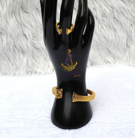 Gold Plated Rainbow Crystal Cuff Bracelet & Adjustable Ring Set | Women's Statement Jewellery | Elegant Bangle | PrestigeApplause