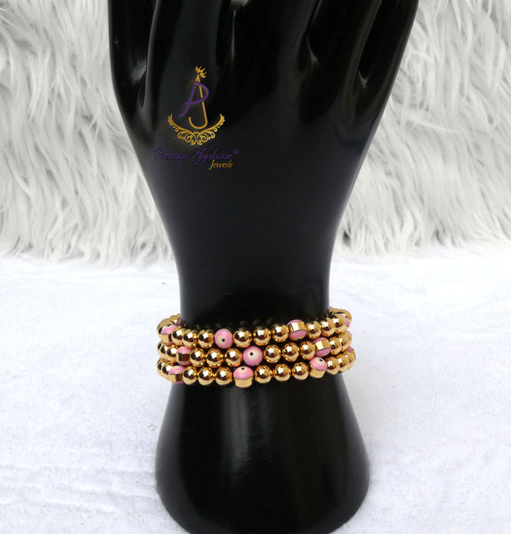 New Candy Pink Eye Gold Plated Bracelets Beads Women Fashion Jewellery - Great as Gift for Women Wife Girlfriend Bride Bridemaid