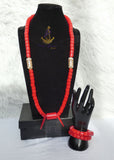 Red Igbo Elephant Tusk Red Coral Groom men African Beads Necklace Bracelet Jewellery Wedding Set - For Male