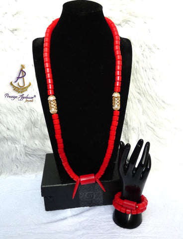 Red Igbo Elephant Tusk Red Coral Groom men African Beads Necklace Bracelet Jewellery Wedding Set - For Male
