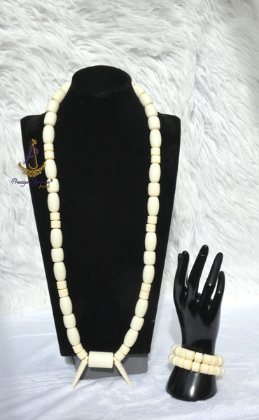 Off-White Cream Igbo Delta Edo Elephant Tusk Red Coral Groom men African Beads Jewellery Set