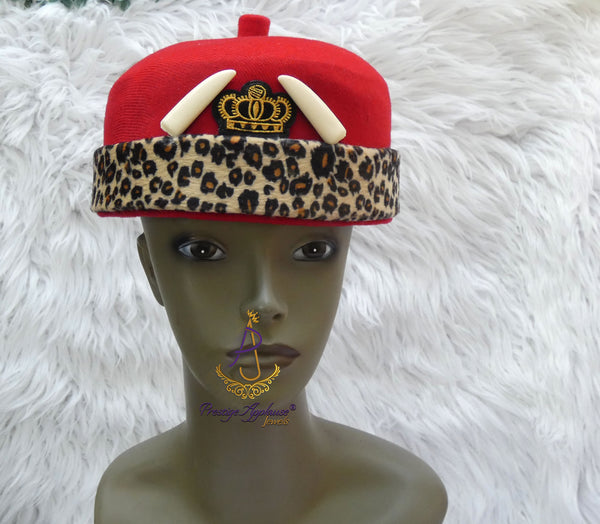Odogwu Leopard Print Okpu Agu Hat with Tusks | Igbo Chieftaincy Hat for Men | Cultural Cap Yoruba Edo Groom Traditional Wedding Costume Hat