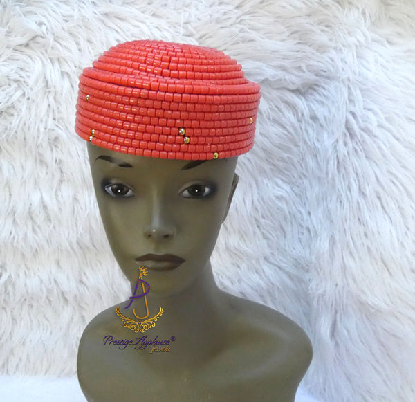 Orange Chieftaincy cap Queen Edo Coral Crown wedding Bridal Party Beaded Cap Edo Igbo Hat African bridal cap