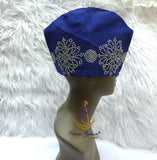 PrestigeApplause Royal Blue Stoned African Men Aso Oke Yoruba Fila Cap Party Groom Men Nigerian Hat