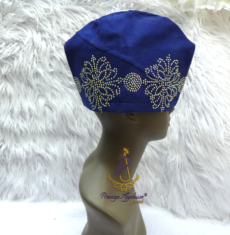 PrestigeApplause Royal Blue Stoned African Men Aso Oke Yoruba Fila Cap Party Groom Men Nigerian Hat
