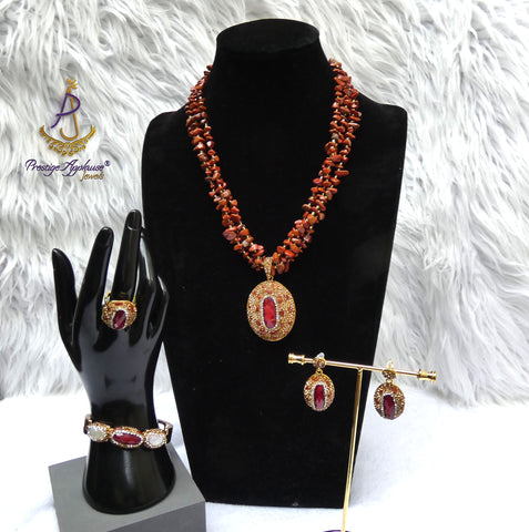 PrestigeApplause Luxury Red Jasper Gemstone Jewellery Set | Natural Stone Necklace, Pendant, Earrings, Bracelet & Ring | African Statement Jewellery | Wedding Gift for Women