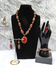 Luxury Red Crystal Jewellery Set | Gold Plated Statement Necklace, Earrings, Bracelet & Adjustable Ring | Bridal Wedding Jewellery | Elegant Gift for Women