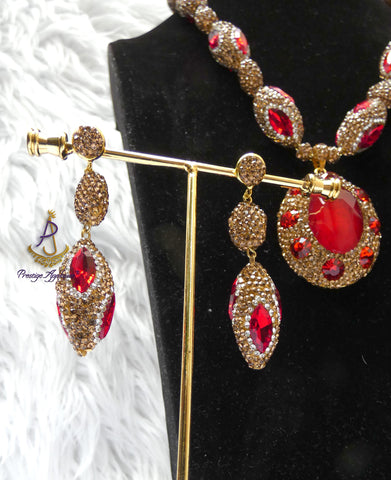 Luxury Red Crystal Jewellery Set | Gold Plated Statement Necklace, Earrings, Bracelet Ring | Bridal Wedding Jewellery | Elegant Gift for Women