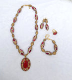Luxury Red Crystal Jewellery Set | Gold Plated Statement Necklace, Earrings, Bracelet Ring | Bridal Wedding Jewellery | Elegant Gift for Women