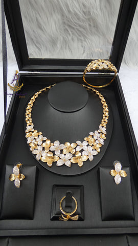 PrestigeApplause Luxury Gold Floral Statement Jewellery Set | Gold Necklace, Earrings, Bracelet & Ring | Wedding Jewellery for Women | Bridal Gift | Luxury Flower Jewellery