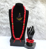 Red Igbo Elephant Tusk Red Coral with Lion Gold Accessories Groom men African Beads Necklace Bracelet Jewellery Wedding Set - For Male