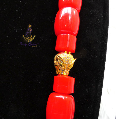 Red Igbo Elephant Tusk Red Coral with Lion Gold Accessories Groom men African Beads Necklace Bracelet Jewellery Wedding Set - For Male