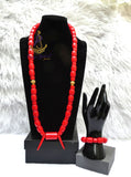 Red Igbo Elephant Tusk Red Coral with Lion Gold Accessories Groom men African Beads Necklace Bracelet Jewellery Wedding Set - For Male