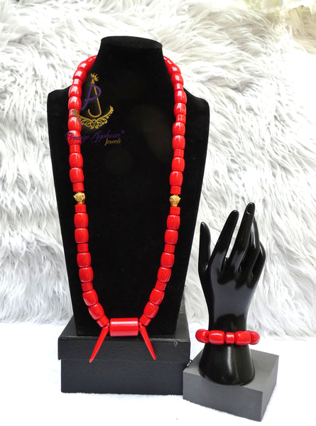 Red Igbo Elephant Tusk Red Coral with Lion Gold Accessories Groom men African Beads Necklace Bracelet Jewellery Wedding Set - For Male