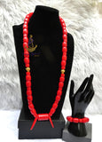 Red Igbo Elephant Tusk Red Coral with Lion Gold Accessories Groom men African Beads Necklace Bracelet Jewellery Wedding Set - For Male