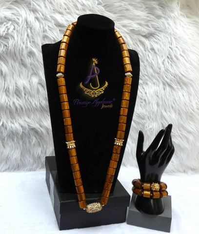 Gold Mix Coral Men Traditional Groom bead necklace bracelet set with gold-plated accessories jewellery - weddings, traditional ceremonies
