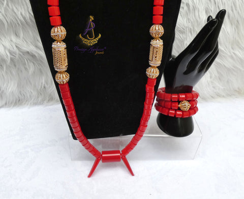 Red Igbo Elephant Tusk Red Coral Groom men African Beads Necklace with 3 Bracelet Jewellery Wedding Set