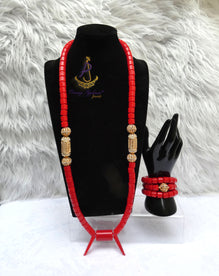 Red Igbo Elephant Tusk Red Coral Groom men African Beads Necklace with 3 Bracelet Jewellery Wedding Set