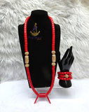 Red Igbo Elephant Tusk Red Coral Groom men African Beads Necklace with 3 Bracelet Jewellery Wedding Set