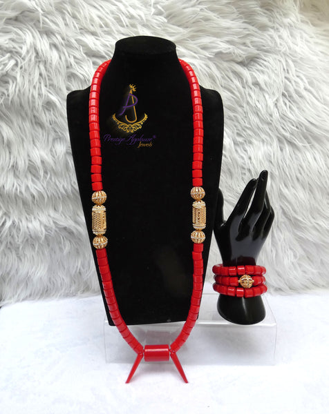 Red Igbo Elephant Tusk Red Coral Groom men African Beads Necklace with 3 Bracelet Jewellery Wedding Set