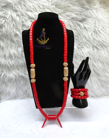Red Igbo Elephant Tusk Red Coral Groom men African Beads Necklace with 3 Bracelet Jewellery Wedding Set