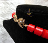 Red Igbo Elephant Tusk Red Coral Groom men African Beads Necklace with 3 Bracelet Jewellery Wedding Set