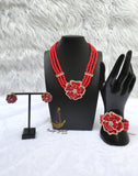3 Layer Red Pearls Beads Jewellery Set with Brooch Pendant Necklace Earring Bracelet & Ring Beautiful Design
