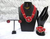 3 Layer Red Pearls Beads Jewellery Set with Brooch Pendant Necklace Earring Bracelet & Ring Beautiful Design