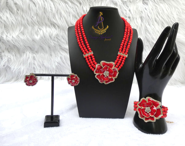3 Layer Red Pearls Beads Jewellery Set with Brooch Pendant Necklace Earring Bracelet & Ring Beautiful Design